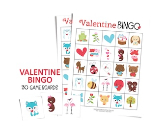 Valentine's Day bingo game for party / large group; 30 printable game boards; cute gift idea for kids; Valentine's Day printable bingo sheet