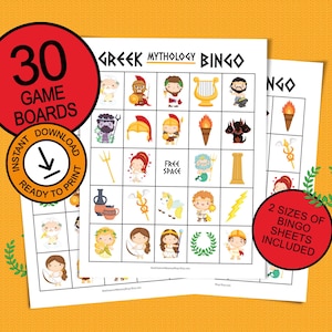 Jeu de bingo de la mythologie grecque pour enfants ; Dieux et déesses grecs ; 30 plateaux de jeu imprimables ; Activité scolaire de la Grèce antique et de la Rome antique ; Jeu de société