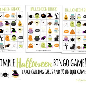 Simple Halloween bingo game. Three bingo cards laid out across the page with three calling cards -- a purple monster, a spider, and a witch. Text: Large calling cards with 30 unique game boards.