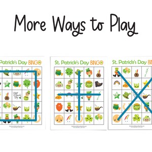 Image of three St. Patricks Day bingo game boards. One is covered by a rectangle, the other with a cross, and the third with an x. These represent other ways to play the game. You win by creating the box, cross, or x.