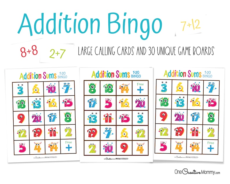 3 addition sums bingo cards and three fact cards. The numbers on the card are cartoon numbers with cute monster faces, hands, and horns. Text: Addition Bingo Large calling cards and 30 unique game boards