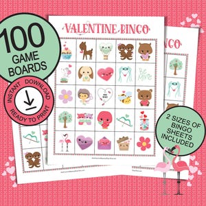 Valentijnsdagbingospel voor 100 spelers; Valentijnsbingobladen voor grote groepen; Bedrukbare speelborden; leuk eenvoudig cadeau-idee voor kinderen
