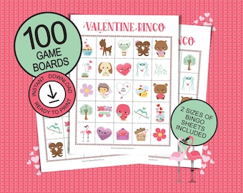 Valentine's Day bingo game for 100 players; Valentine bingo sheets for large groups; printable game boards; cute easy gift idea for kids