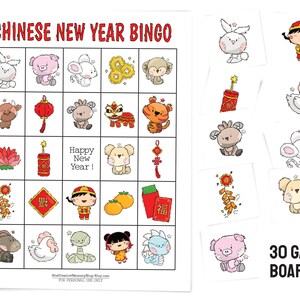 Chinese New Year bingo card and several calling cards including a rabbit, a firecracker, a rat, a pig, a boy in traditional Chinese clothing, and more. Text: 30 game boards.
