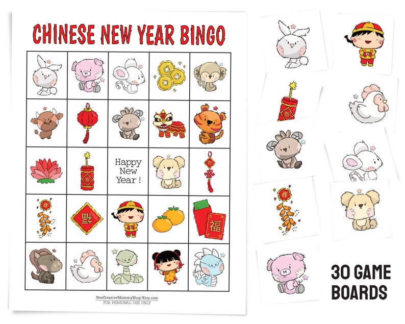 Chinese New Year bingo card and several calling cards including a rabbit, a firecracker, a rat, a pig, a boy in traditional Chinese clothing, and more. Text: 30 game boards.
