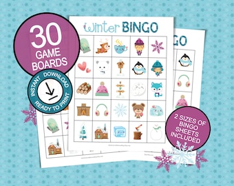 Winter Bingo game for parties and family gatherings; 30 printable game boards; Easy winter boredom buster activity; Cute instant download