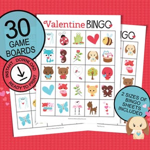 Valentijnsbingospel voor feest/grote groep; 30 bedrukbare speelborden; leuk cadeau-idee voor kinderen; Afdrukbaar bingoblad voor Valentijnsdag