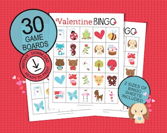Valentine's Day bingo game for party / large group; 30 printable game boards; cute gift idea for kids; Valentine's Day printable bingo sheet