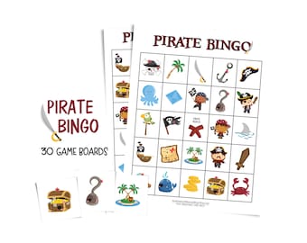 Pirate bingo game for parties; 30 printable game boards; cute gift idea for kids; pirate birthday party activity; pirate-themed cards