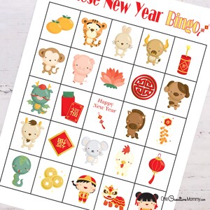 Zoomed in view of a Chinese New Year bingo card lying on top of a white wooden table.