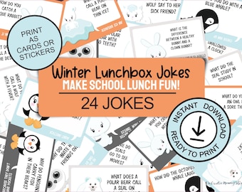 Winter Lunchbox Jokes for Kids; 24 printable cards; Fun school lunch idea; Lunchbox notes & stickers; Beat  winter blues; Cheer up a friend