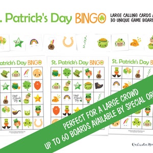 Three St. Patricks Day bingo cards laid out across the page with ten calling cards. Text: Perfect for a large crowd. Up to 60 boards available by special order. Cards are styled with shamrock, leprechaun, four-leaf clover, pot of gold, rainbow, etc.