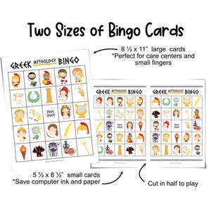 The image shows two sizes of bingo cards: a full-page Greek mythology bingo sheet and another page divided into two cards. Images include Zeus, Aphrodite, Ares, Poseidon, Hades, Ares, Hephaestus, Athena, Cerberus, Demeter, Hermes, Hera, Dionysus, Artemis, Pegasus, Apollo, and more.