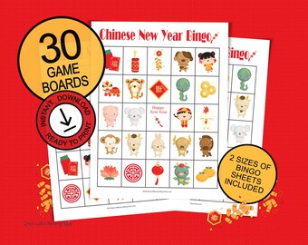 Lunar New Year bingo card game; 30 printable game boards celebrating Chinese New Year; perfect for parties and large groups; cute gift idea