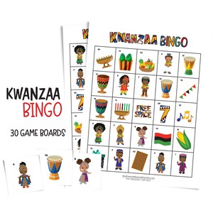 Juego de cartas Kwanzaa Bingo para fiestas y reuniones familiares; 30 tableros de juego imprimibles que celebran la cultura afroamericana; lindo regalo de Kwanzaa