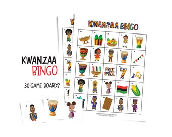 Kwanzaa Bingo card game for parties and family gatherings; 30 printable game boards celebrating African American culture; cute Kwanzaa gift