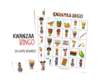 Kwanzaa Bingo card game for parties and family gatherings; 30 printable game boards celebrating African American culture; cute Kwanzaa gift