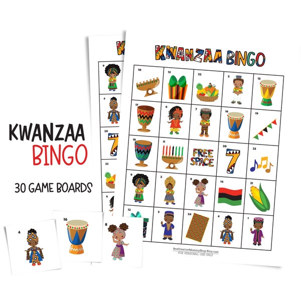 Kwanzaa Bingo card game for parties and family gatherings; 30 printable game boards celebrating African American culture; cute Kwanzaa gift