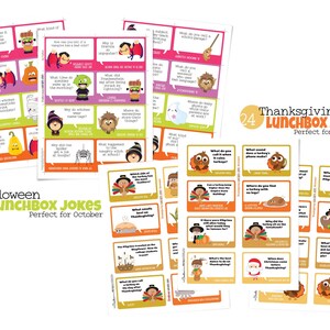 3 pages of Halloween lunchbox jokes and 3 pages of Thanksgiving lunchbox jokes from the lunchbox joke printable are displayed. Titles state that there are 24 jokes included for each holiday and that the jokes are perfect for October and November.