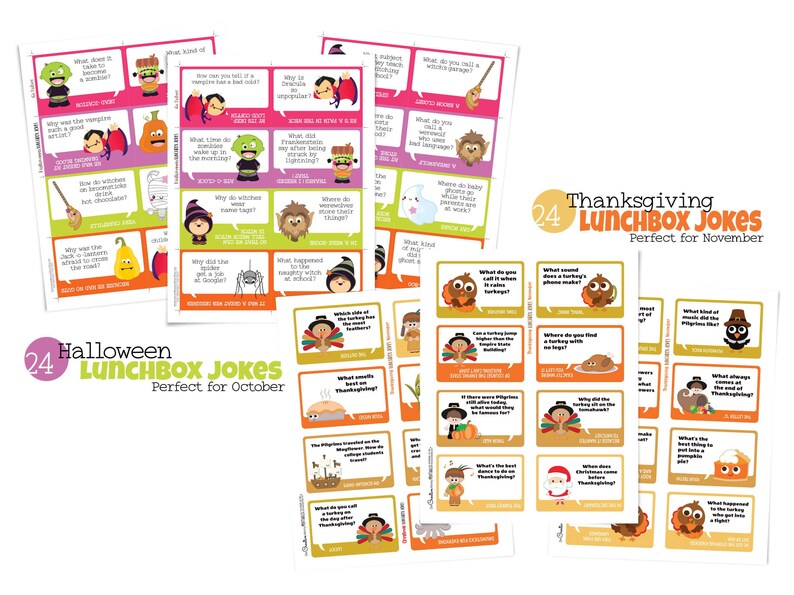 3 pages of Halloween lunchbox jokes and 3 pages of Thanksgiving lunchbox jokes from the lunchbox joke printable are displayed. Titles state that there are 24 jokes included for each holiday and that the jokes are perfect for October and November.