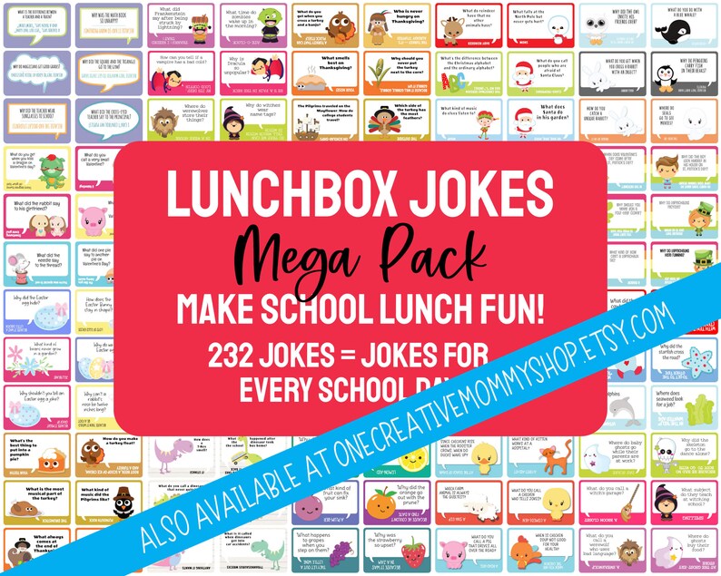 Image of another listing: Lunchbox jokes mega pack. 232 Jokes = Jokes for every school day. Don't forget your lunchbox jokes!