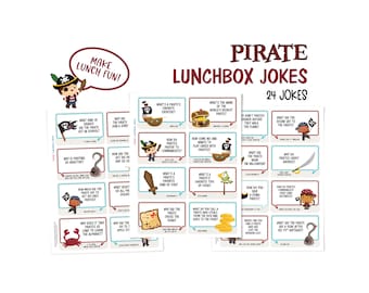 Pirate lunchbox jokes for kids; cute gift idea for kids; pirate stickers and cards; fun school lunch idea; pirate party favor; pirate party