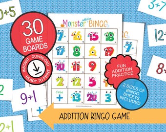 Monster Addition Bingo addition practice math game for kids; math center activity; fun Halloween math; kindergarten; first grade; homeschool