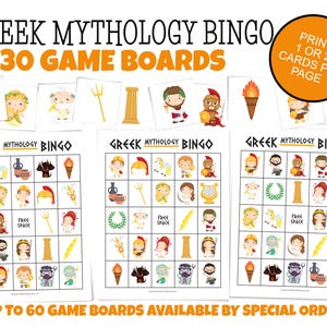 3 winter bingo cards are laid out across the page with 10 calling cards. Print 1 or 2 cards per page. Up to 60 boards are available by special order. Images include the major Greek gods and goddesses, and more.