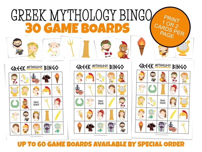 3 winter bingo cards are laid out across the page with 10 calling cards. Print 1 or 2 cards per page. Up to 60 boards are available by special order. Images include the major Greek gods and goddesses, and more.
