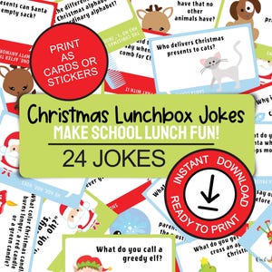 Weihnachten Lunchbox Witze für Kinder sofort Download; Ideen für druckbare Lunchboxen; Weihnachtsmann scherzt; 24 Lunchbox Aufkleber; Lustige Ideen für das Mittagessen