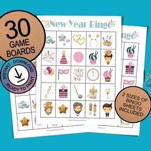 Oudejaarsbingokaarten voor kinderen; 30 afdrukbare speelborden; Leuk spel voor oudejaarsavond;  Direct downloaden; Leuke activiteit voor het nieuwe jaar