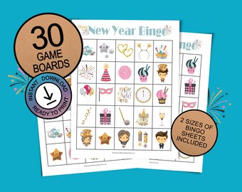 New Year's Eve Bingo Cards for Kids; 30 Printable Game Boards; Fun New Years Eve Party Game;  Instant Download; Cute Happy New Year Activity