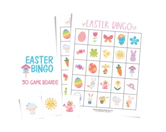 Easter bingo game for kids; Easter party fun for large groups; 30 printable game boards; cute spring bingo sheets; clever Easter gift idea