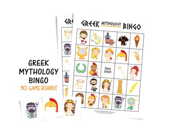 Greek Mythology Bingo game for kids; Greek gods and goddesses; 30 printable game boards; Ancient Greece and Rome school activity; Party game