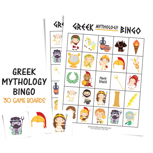 Greek Mythology Bingo game for kids; Greek gods and goddesses; 30 printable game boards; Ancient Greece and Rome school activity; Party game