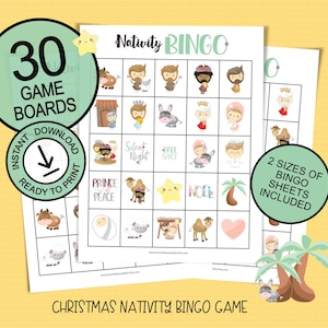 Jogo de bingo de natal para festas e grupos grandes; 30 tabuleiros de jogos para imprimir; Escola dominical; jogo cristão para crianças; Ideia fofa para presente de Natal