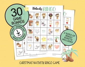 Jeu de bingo Nativity pour les fêtes et les grands groupes ; 30 plateaux de jeu imprimables ; école du dimanche ; Jeu chrétien pour enfants ; Jolie idée cadeau de Noël