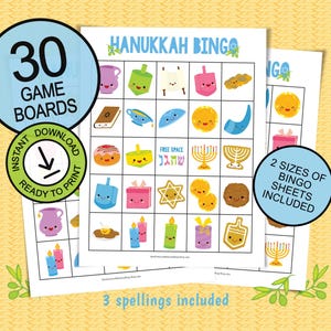 Jeu de bingo à Hanoukka pour les fêtes/grands groupes ; 30 plateaux de jeu imprimables ; Jeu juif pour enfants ; Idée cadeau de Hanoucca ; Bingo de la Fête des Lumières