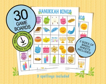 Hanukkah bingo game for parties / large groups; 30 printable game boards; Jewish game for kids; Chanukah gift idea; Festival of Lights bingo
