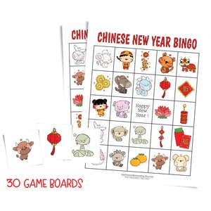 Two Chinese New Year bingo cards are stacked on top of each other and surrounded by three calling cards -- an ox, a chinese lantern, and a snake. Text: 30 game boards.