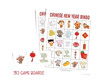 Chinese New Year Bingo card game for parties and family gatherings; 30 printable game boards celebrating Chinese culture; Cute New Year gift