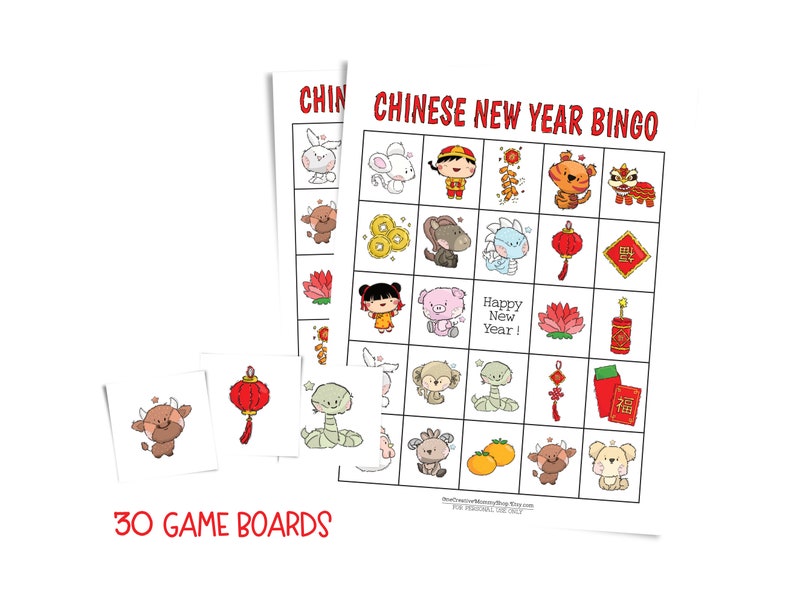 Two Chinese New Year bingo cards are stacked on top of each other and surrounded by three calling cards -- an ox, a chinese lantern, and a snake. Text: 30 game boards.