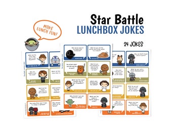 Star Battle lunchbox jokes; funny jokes for kids; May the 4th printable lunchbox ideas; lunchbox stickers; 22 clean jokes; easy party favors