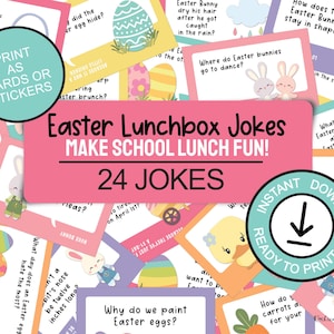 Des blagues sur la boîte à lunch de Pâques pour les enfants ; Rembourrage de paniers de Pâques; Idées printanières de boîtes à lunch à imprimer ; blagues sur le lapin de Pâques, autocollants pour boîte à lunch ; fichier numérique