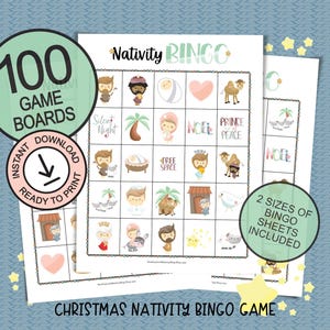 Jogo de bingo de Natal para 100 jogadores; tabuleiros de jogo para imprimir para grupos grandes; jogo de escola dominical cristã para crianças; ideia fofa para presente