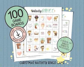 Christmas Nativity bingo game for 100 players; printable game boards for large groups; Christian Sunday School game for kids; Cute gift idea