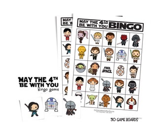 May the 4th Be with You bingo gameboards; May the Fourth family game; 30 printable bingo sheets; cute gift for kids; May the 4th party favor