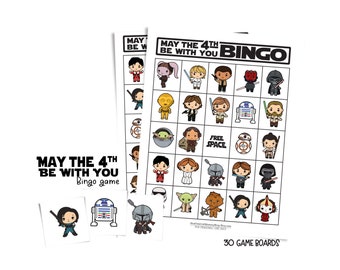 Cartelas de bingo "Que a Força Esteja com Você" (4 de maio); Jogo de bingo para a família; 30 cartelas de bingo para imprimir; Presente fofo para crianças; Lembrancinha para festa de 4 de maio