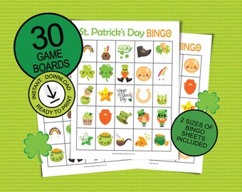 St. Patrick's Day Bingo game for kids; 30 printable game boards; leprechaun activity; easy shamrock party game; cute lucky four-leaf clover