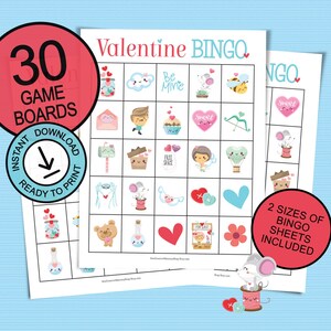 Juego de bingo para el día de San Valentín; 30 tableros de juego imprimibles para fiestas, grupos grandes; hojas de bingo imprimibles para el día de San Valentín; actividades preescolares